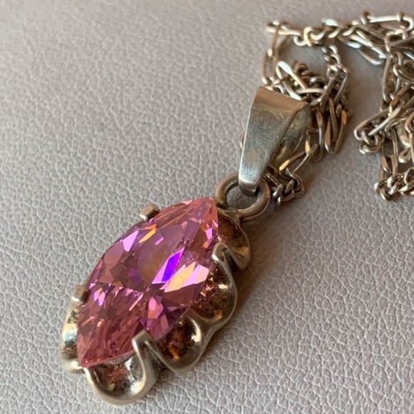 VINTAGE NAVETTE PINK ICE CZ PENDANT W/ FIGARO CHAIN 925 STERLING MADE IN MEXICO - Picture 16 of 16
